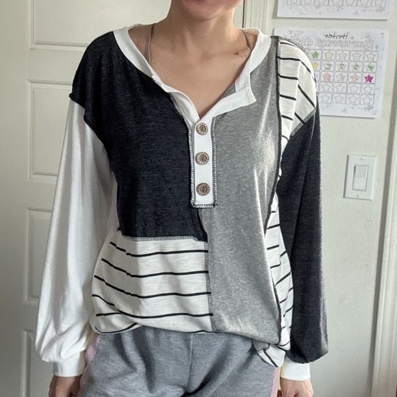 058 Casual Reverse Stitch color Block Striped Top - Picture 3 of 6